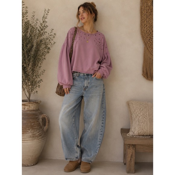 Abound Tops - Abound Womens Purple Star Studded Puff Sleeve Distressed Cotton Sweatshirt M